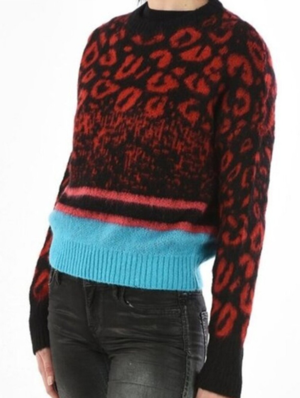 Diesel Leopard Print Mohair Blend Colorblock Sweater Womens Small Red Blue